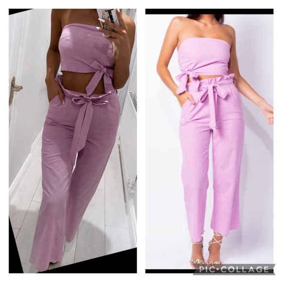 Pink Bow Linen Crop Top and Pants Co-Ord Set - Picture 4 of 5
